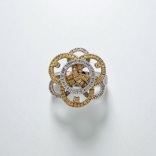 Comprar sortija en forma de flor realizada en oro blanco y amarillo de 18kt con diamantes. Joyería compro oro Ian'Or. Joyas acondicionadas. Envío GRATIS.