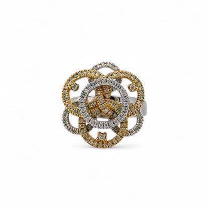 Comprar sortija en forma de flor realizada en oro blanco y amarillo de 18kt con diamantes. Joyería compro oro Ian'Or. Joyas acondicionadas. Envío GRATIS.