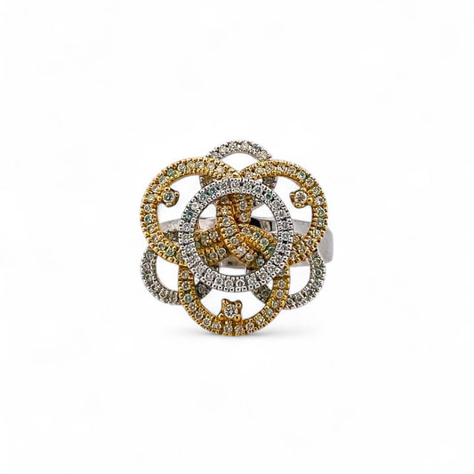 Comprar sortija en forma de flor realizada en oro blanco y amarillo de 18kt con diamantes. Joyería compro oro Ian'Or. Joyas acondicionadas. Envío GRATIS.