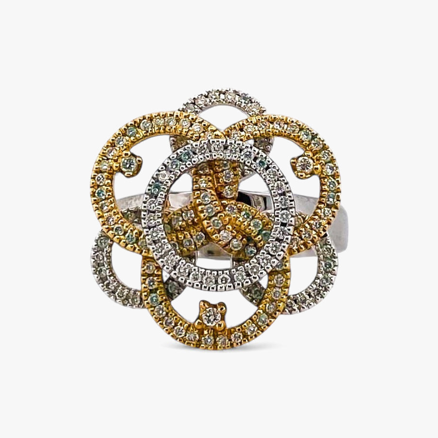 Comprar sortija en forma de flor realizada en oro blanco y amarillo de 18kt con diamantes. Joyería compro oro Ian'Or. Joyas acondicionadas. Envío GRATIS.