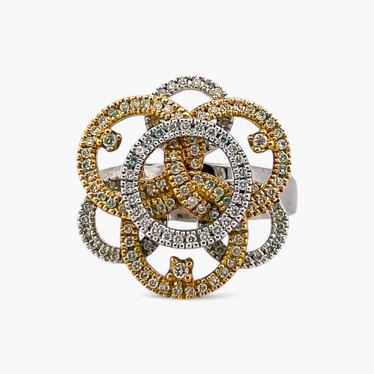 Comprar sortija en forma de flor realizada en oro blanco y amarillo de 18kt con diamantes. Joyería compro oro Ian'Or. Joyas acondicionadas. Envío GRATIS.