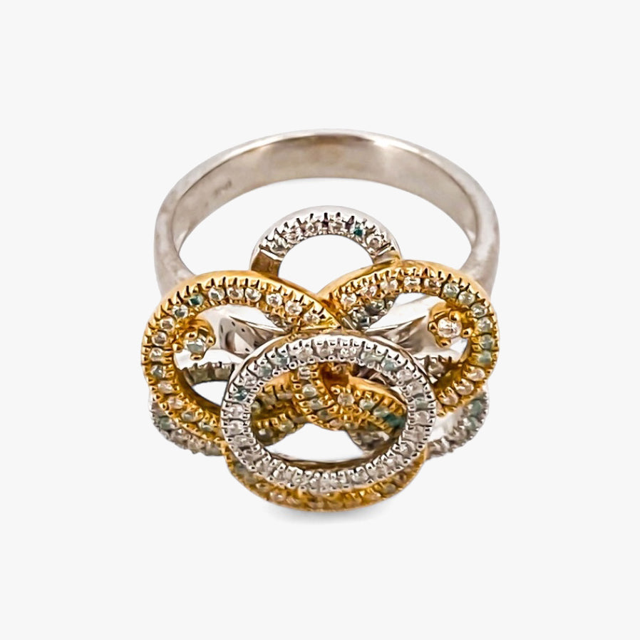 Comprar sortija en forma de flor realizada en oro blanco y amarillo de 18kt con diamantes. Joyería compro oro Ian'Or. Joyas acondicionadas. Envío GRATIS.