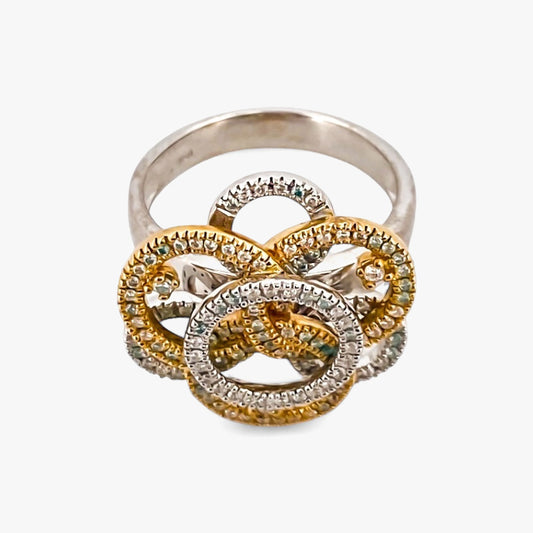 Comprar sortija en forma de flor realizada en oro blanco y amarillo de 18kt con diamantes. Joyería compro oro Ian'Or. Joyas acondicionadas. Envío GRATIS.