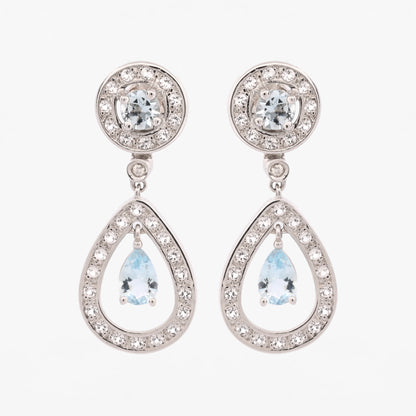 Comprar pendientes largos de oro blanco de 18kt con diamantes talla brillante y aguas marinas. Joyas con aguamarinas. Joyería Ian'Or. Envío GRATIS.