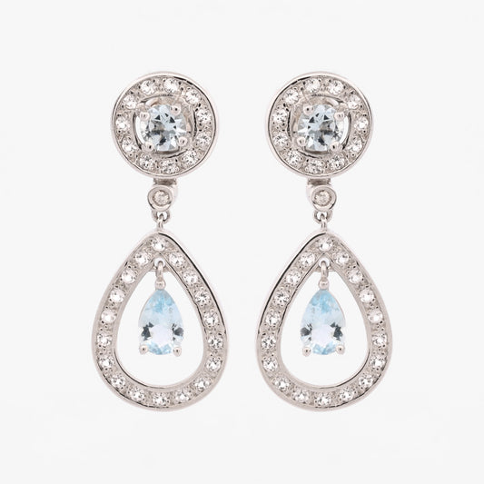 Comprar pendientes largos de oro blanco de 18kt con diamantes talla brillante y aguas marinas. Joyas con aguamarinas. Joyería Ian'Or. Envío GRATIS.
