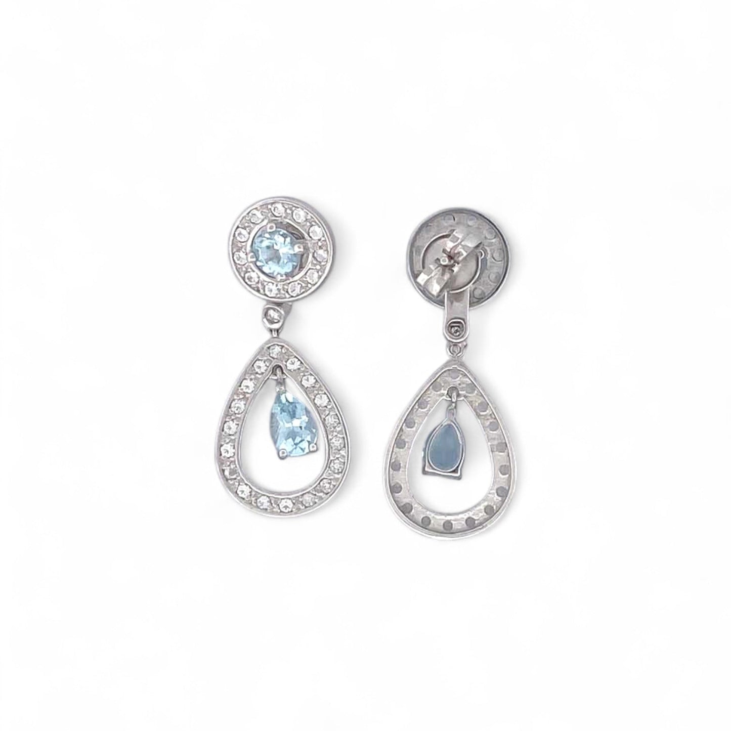 Comprar pendientes largos de oro blanco de 18kt con diamantes talla brillante y aguas marinas. Joyas con aguamarinas. Joyería Ian'Or. Envío GRATIS.

