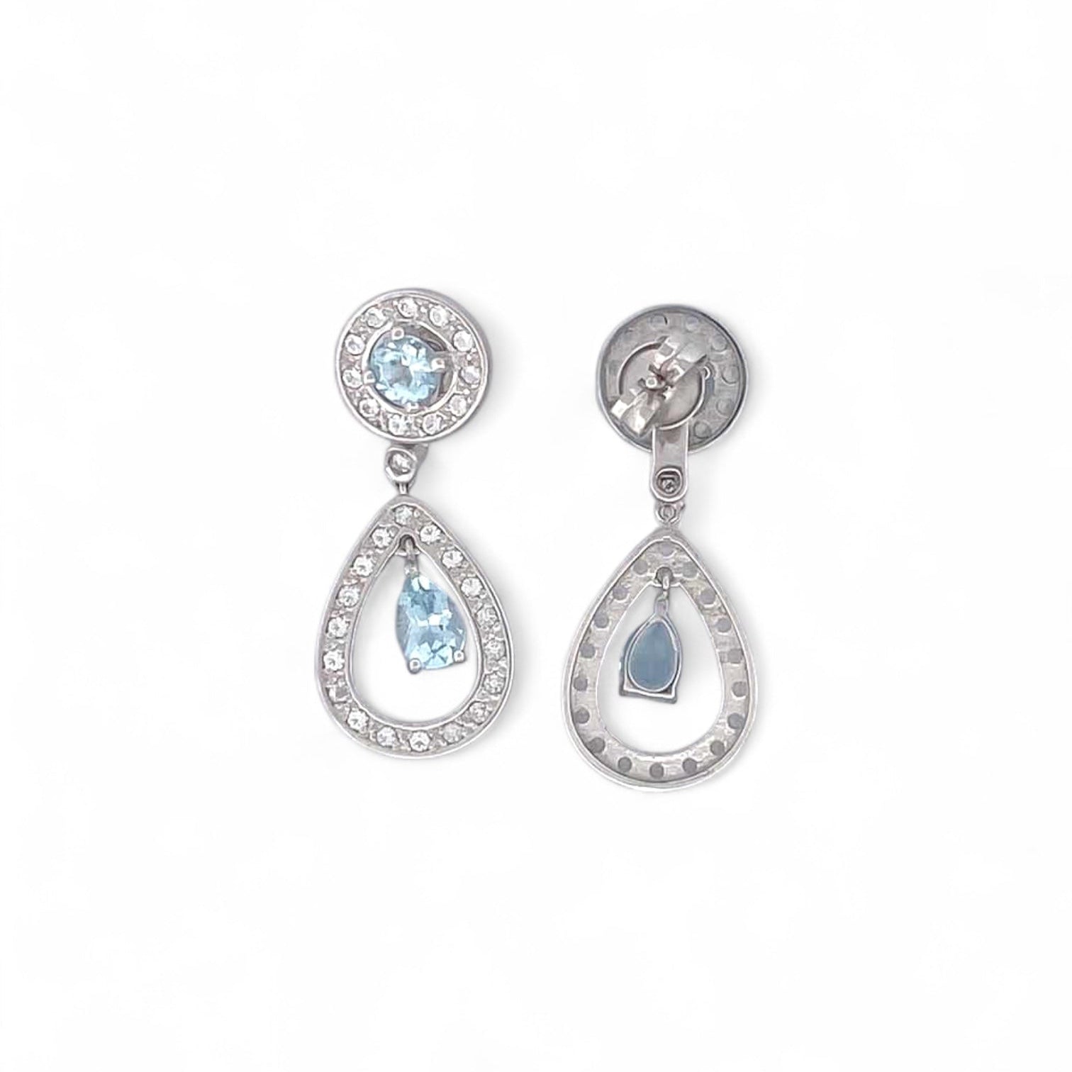 Comprar pendientes largos de oro blanco de 18kt con diamantes talla brillante y aguas marinas. Joyas con aguamarinas. Joyería Ian'Or. Envío GRATIS.

