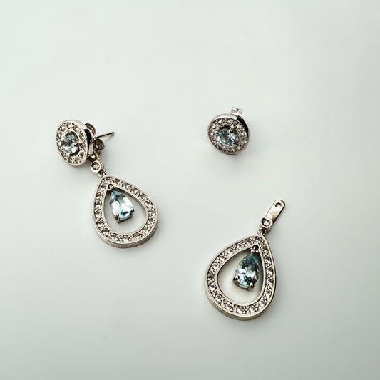 Comprar pendientes largos de oro blanco de 18kt con diamantes talla brillante y aguas marinas. Joyas con aguamarinas. Joyería Ian'Or. Envío GRATIS.

