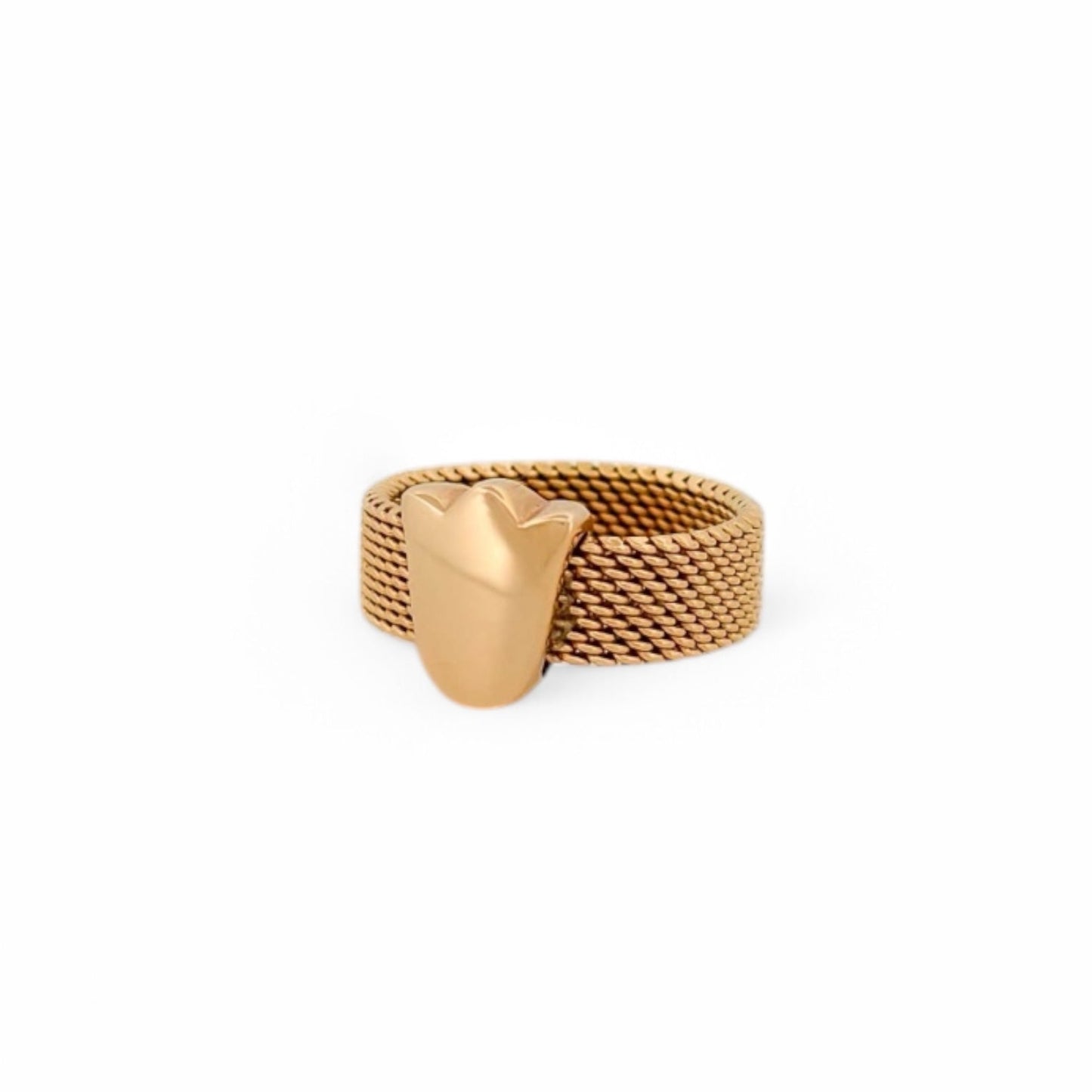 Anillo original de Tous realizado con el característico tejido de malla en oro amarillo de 18kt con el característico tulipán de la firma. Joyas de Tous al mejor precio. 