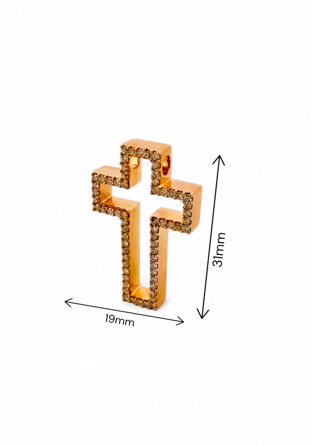 Comprar colgante en forma de cruz realizada en oro rosa de 18kt con brillantes. Cruces de oro y diamantes baratas. Joyería compro oro Ian'Or. Envío GRATIS.

