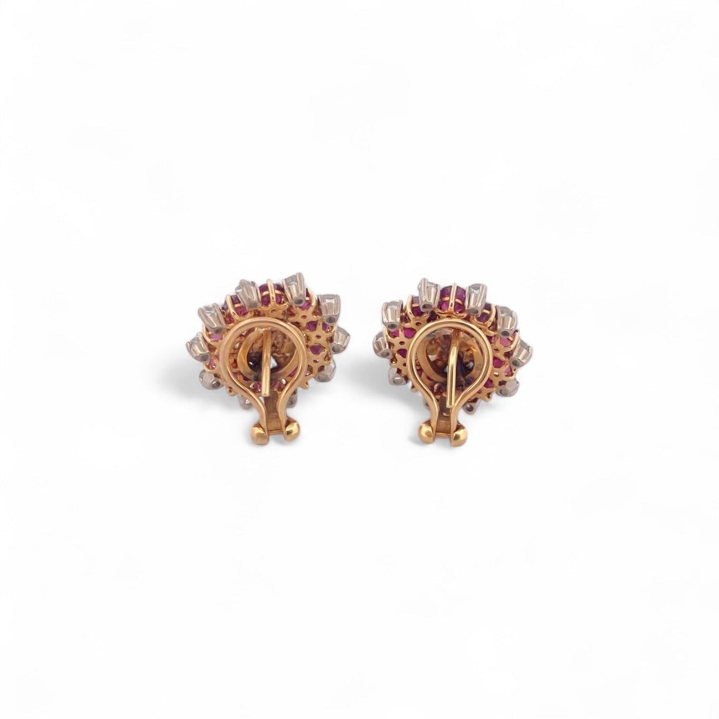 Comprar pendientes de oro amarillo de 18kt con 20 diamantes y 10 rubíes talla brillante en cada pendiente. Joyas segunda mano. Joyas restauradas. Envío gratis.