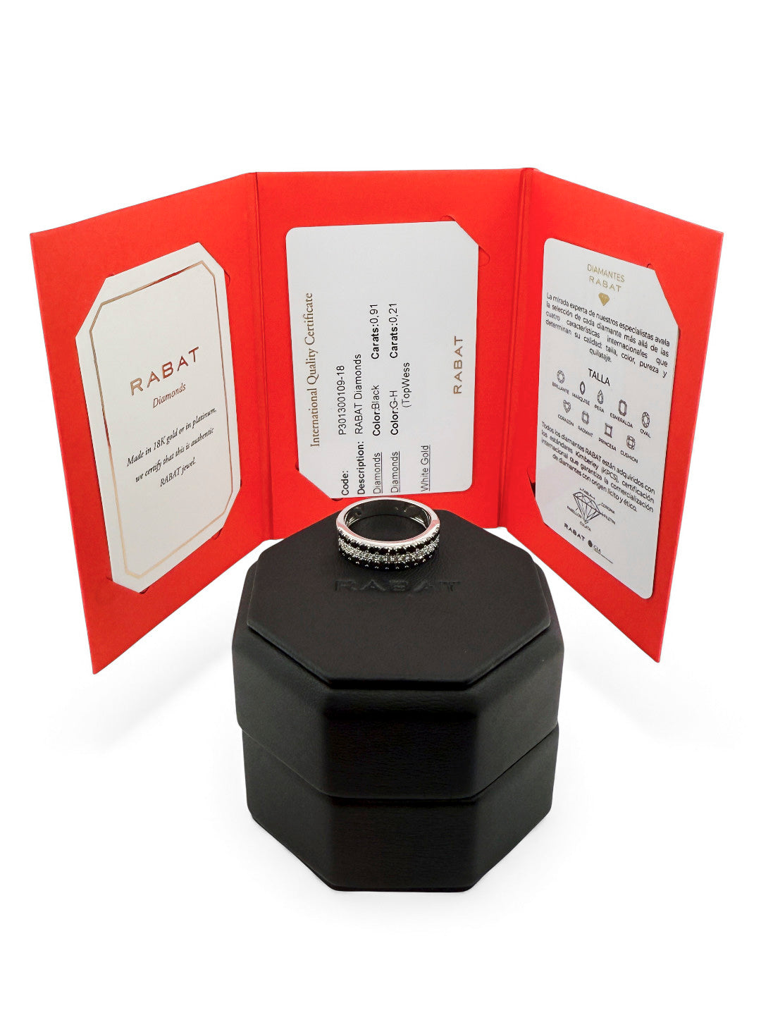 Sortija de la firma de Joyería Catalana Rabat realizado en oro blanco de 18kt 3 carriles de diamantes blancos y negros. Esta joya dispone de su certificado original