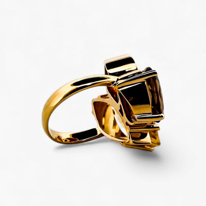 Sortija oro amarillo de 18kt con piedra citrino y cuarzo fumé - 15554GM