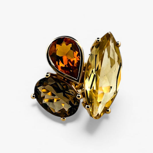Sortija oro amarillo de 18kt con piedra citrino y cuarzo fumé - 15554GM