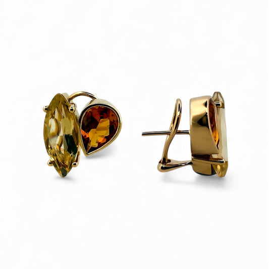 Pendientes realizados en oro amarillo con 2 citrinos talla maquise y per con cierre tipo omega. Envío GRATIS. Joyas de oro con citrinos  al mejor precio