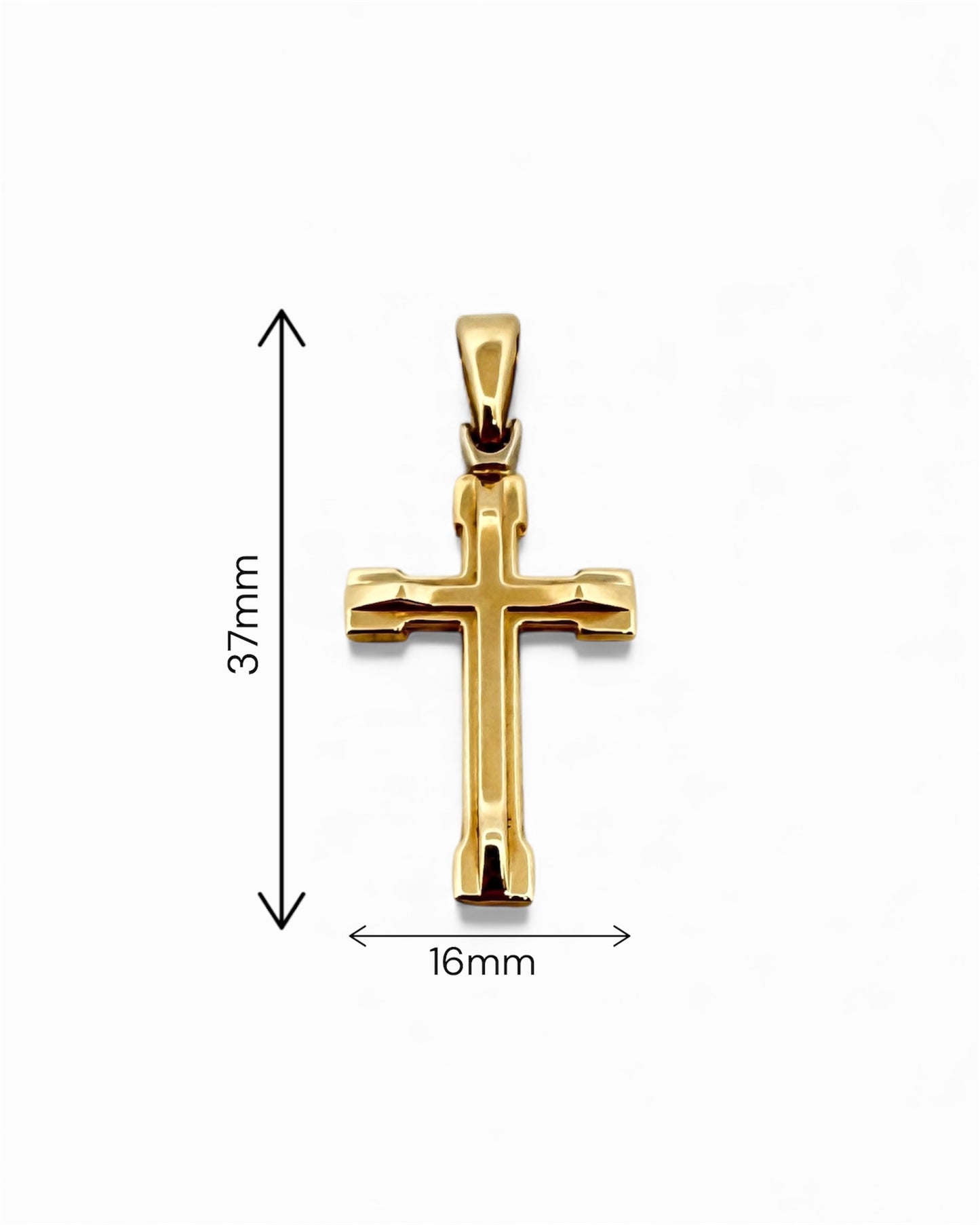 Colgante en forma de Cruz lisa realizada en oro amarillo de 18kt . Mide 3,7cm de largo y 1,6cm de ancho. Cruces de oro 18kt baratas