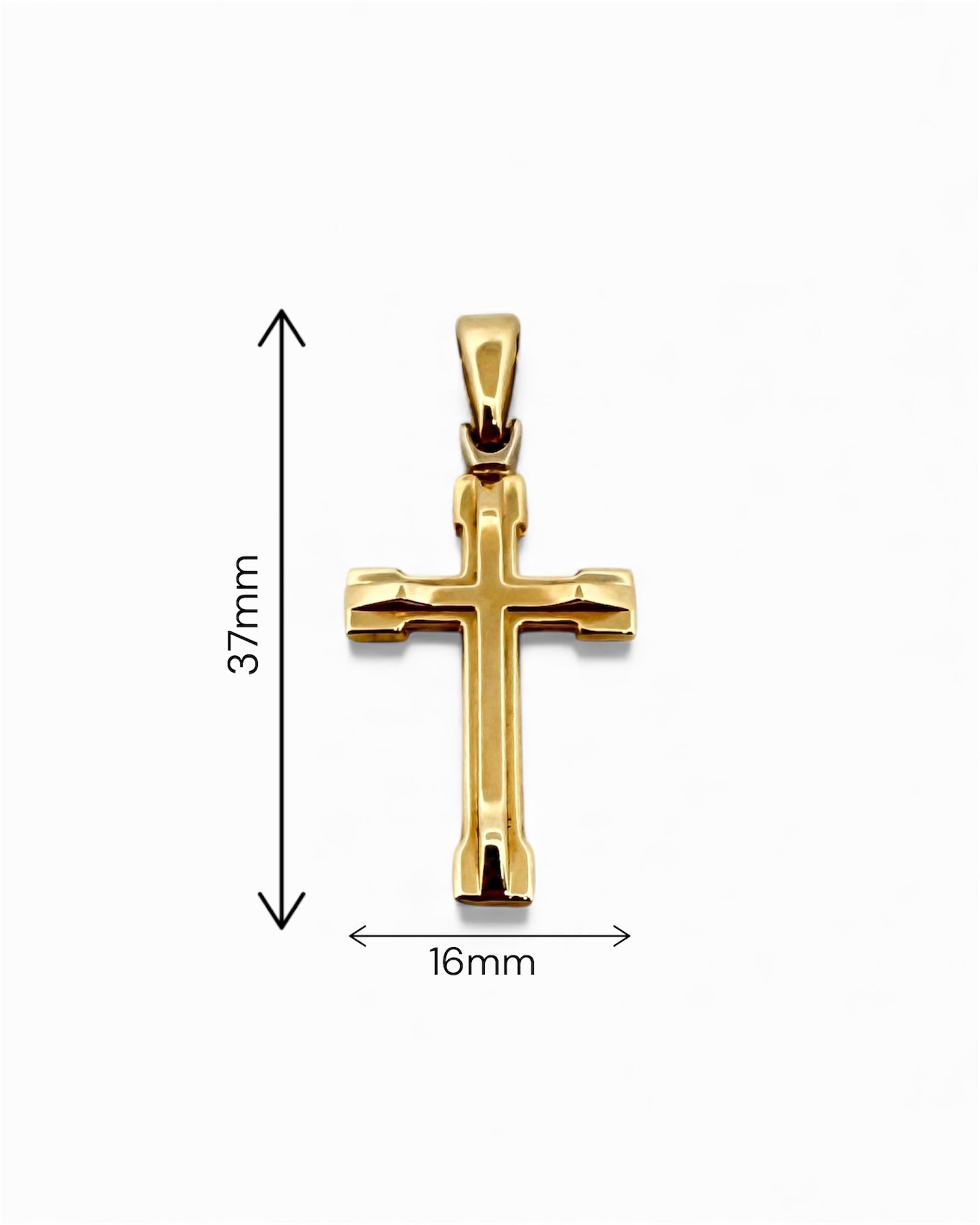 Colgante en forma de Cruz lisa realizada en oro amarillo de 18kt . Mide 3,7cm de largo y 1,6cm de ancho. Cruces de oro 18kt baratas