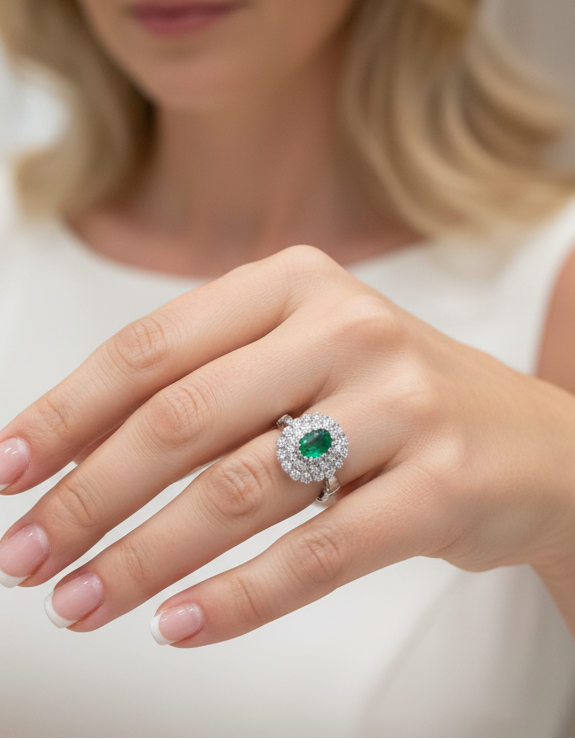 15669GM - Sortija oro blanco con rosetón de  brillantes y esmeralda