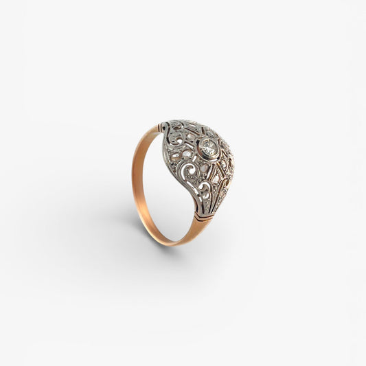Comprar sortija vintage realizada en oro amarillo de 18kt, 14 diamantes alrededor de 1 diamante central.Joyas vintage. Joyería Ian'Or. Envío GRATIS.