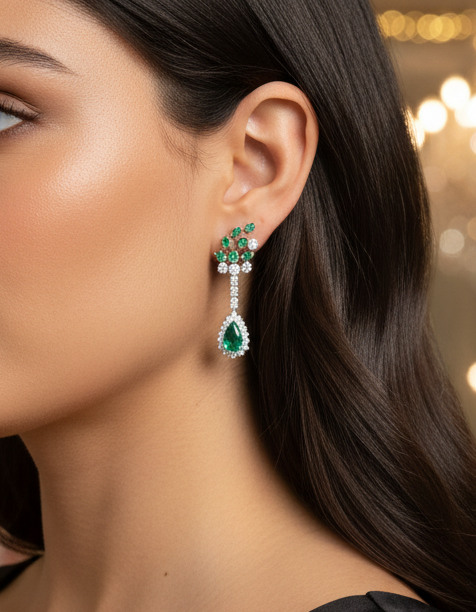 Comprar pendientes antiguos largos de oro blanco de 18kt, 23 diamantes y 8 esmeraldas talla pera. Joyas de esmeraldas y diamantes antiguas al mejor precio.