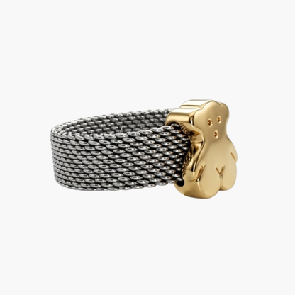 Comprar anillo original de TOUS realizado con el característico tejido de malla en acero y oso icónico de la marca en oro amarillo de 18kt. Ian'Or