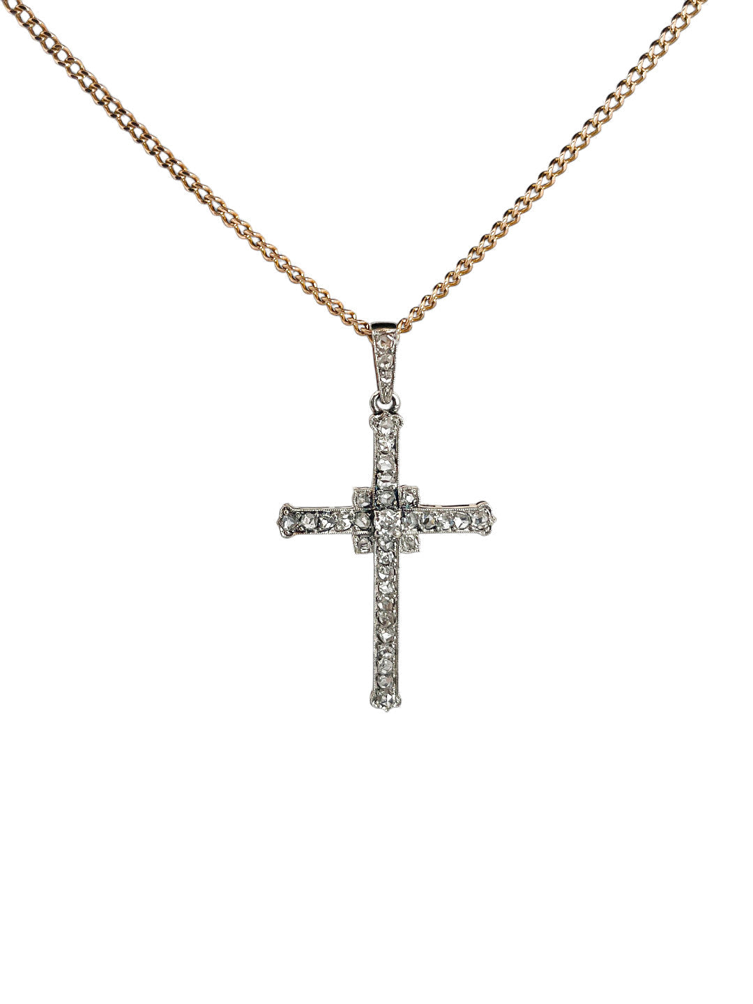 Comprar colgante en forma de cruz de oro blanco, con brillantes platinos. Joyería Compro Oro Barcelona. Ian'Or.