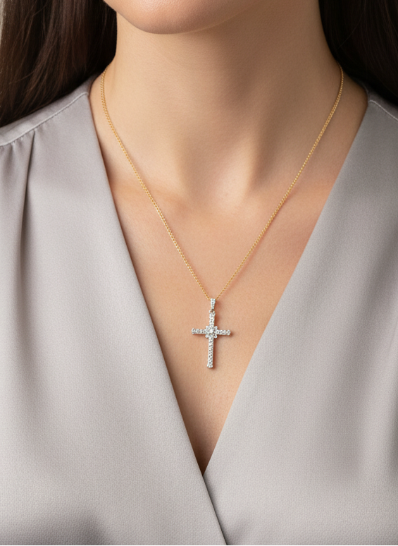 Comprar colgante en forma de cruz de oro blanco, con brillantes platinos. Joyería Compro Oro Barcelona. Ian'Or.