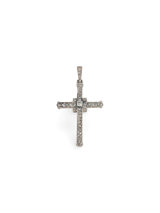 Comprar colgante en forma de cruz de oro blanco, con brillantes platinos. Joyería Compro Oro Barcelona. Ian'Or.
