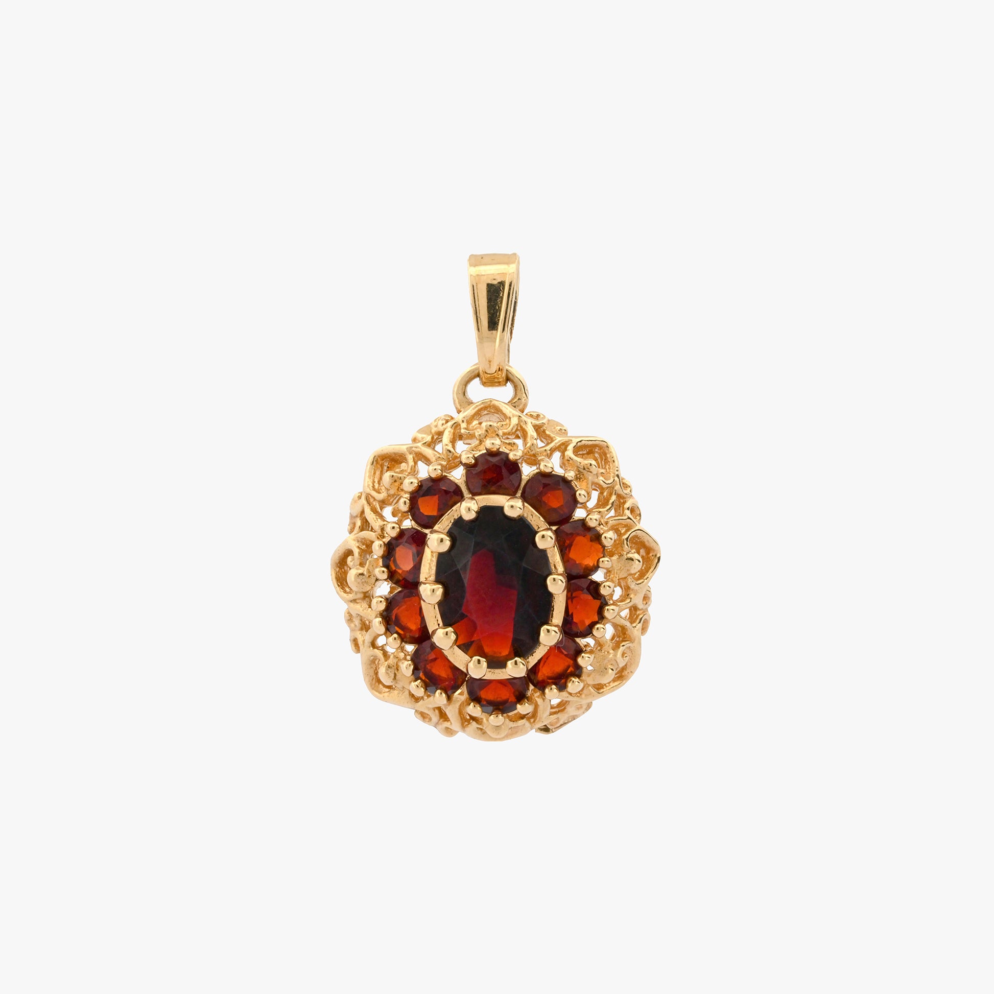 Comprar Colgante realizado en oro amarillo de 18kt con 10 granates, alrededor de un granate central. Joyería Barata en Barcelona.