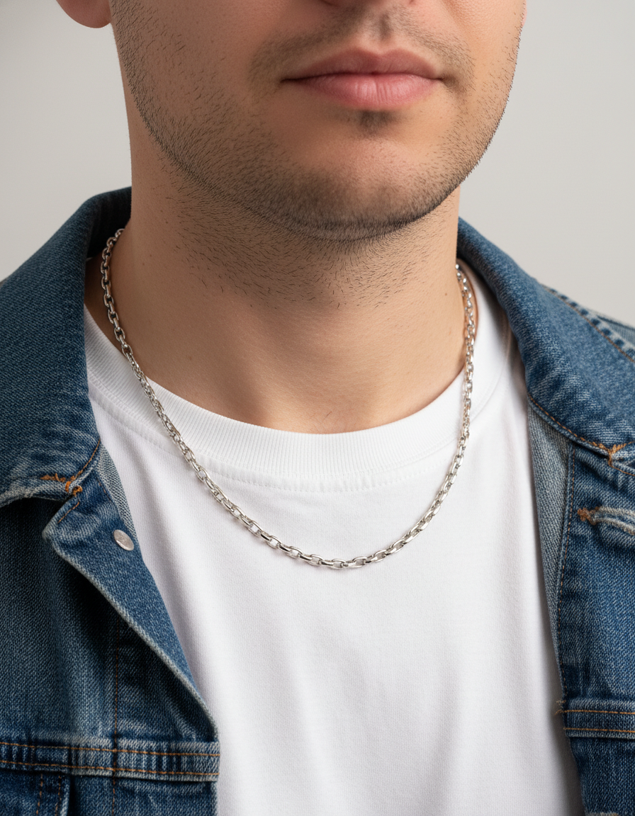 Comprar cadena realizada en oro blanco de 18kt con eslabones de 4mm y 49cm de largo.  Cierre tipo mosquetón. Cadenas de oro blanco gruesas de 18kt