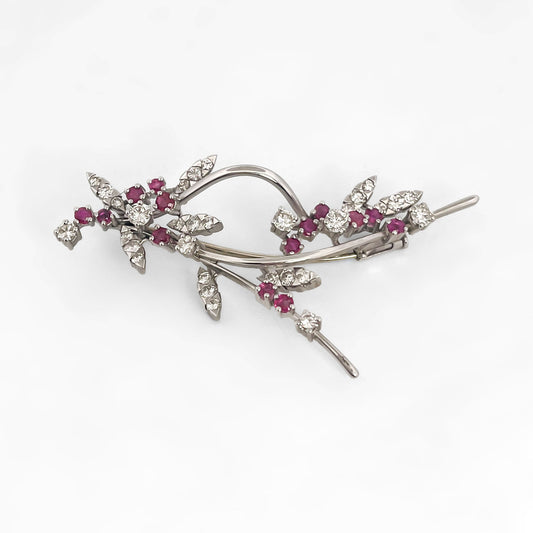Broche vintage oro blanco 18kt brillantes y rubíes - 15877GM