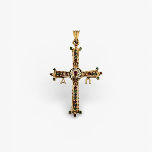 Comprar colgante cruz de la Victoria Asturiana en oro amarillo de 18kt con 30 piedras semipreciosas de colores y 8 diamantes. Joyería Ian'Or. Joyas acondicionadas para una nueva vida. Envío gratis.