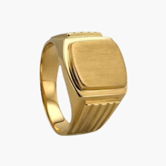 Comprar anillo tipo sello de oro amarillo de 18kt con frontal mate y grabados a los laterales.Joyas de segunda mano y restauradas. Sellos de hombre de oro 18kt baratos.