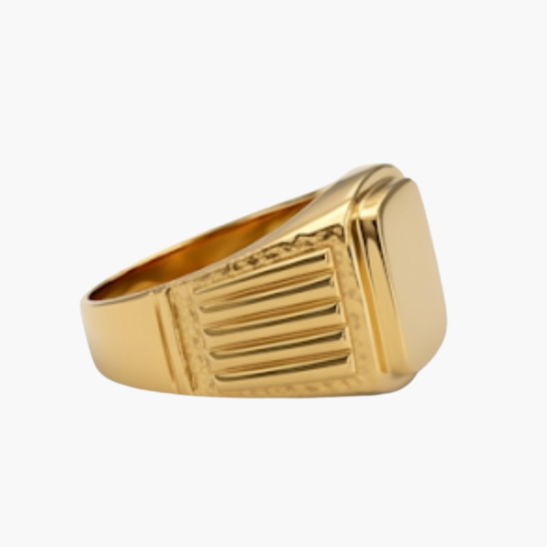 Comprar anillo tipo sello de oro amarillo de 18kt con frontal mate y grabados a los laterales.Joyas de segunda mano y restauradas. Sellos de hombre de oro 18kt baratos.