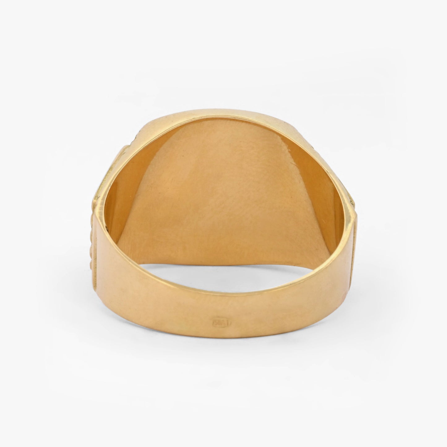 Comprar anillo tipo sello de oro amarillo de 18kt con frontal mate y grabados a los laterales.Joyas de segunda mano y restauradas. Sellos de hombre de oro 18kt baratos.