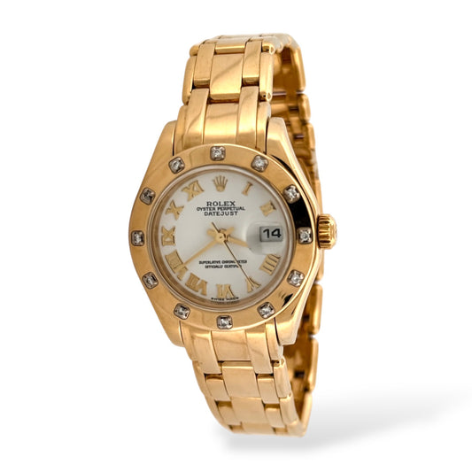 Reloj Rolex Datejust Pearlmaster Oro 18kt con caja de 20mm referencia 80318. Realizado en oro amarillo de 18kt y diamantes. Rolex de segunda mano baratos en Barcelona.