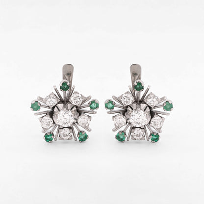 Comprar pendientes antiguos realizados en oro blanco de 18kt, con diamantes y esmeraldas. Cierre de palanca. Pendientes vintage. Envío gratis pieza certificada
