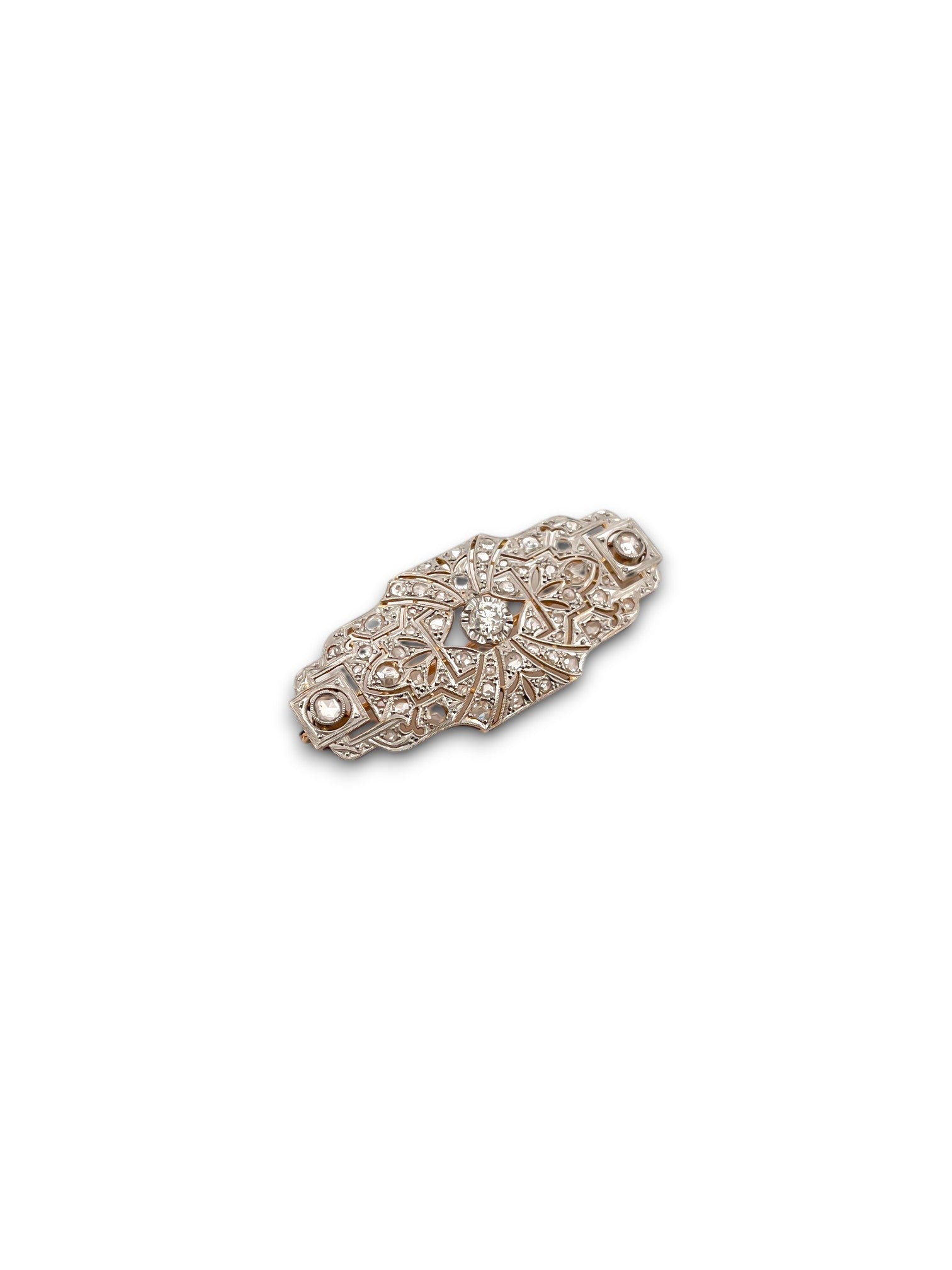 Comprar broche antiguo art decó realizado en oro amarillo de 18k y vistas de platino con diamantes. Este broche refleja un trabajo espectacular de la joyeria de aquella epoca. Ideal para elevar cualquier look y ser el centro de atención en cualquier ocasión. vintage 