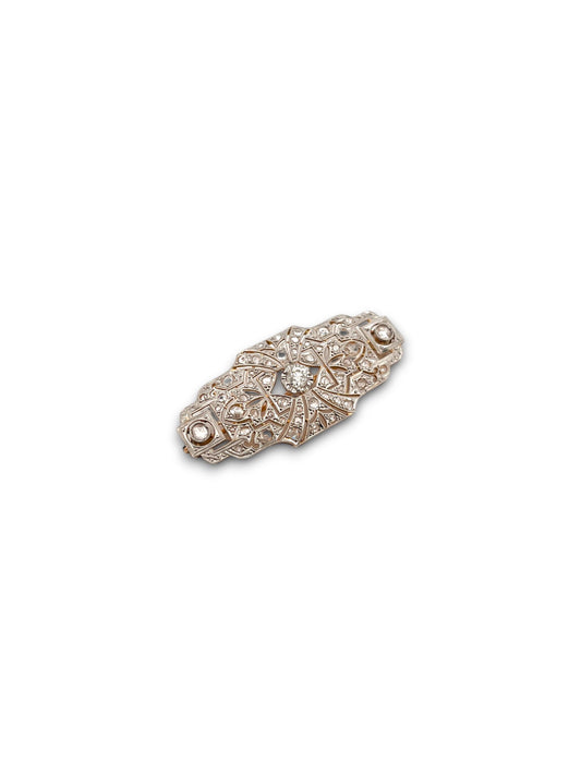 Comprar broche antiguo art decó realizado en oro amarillo de 18k y vistas de platino con diamantes. Este broche refleja un trabajo espectacular de la joyeria de aquella epoca. Ideal para elevar cualquier look y ser el centro de atención en cualquier ocasión. vintage 
