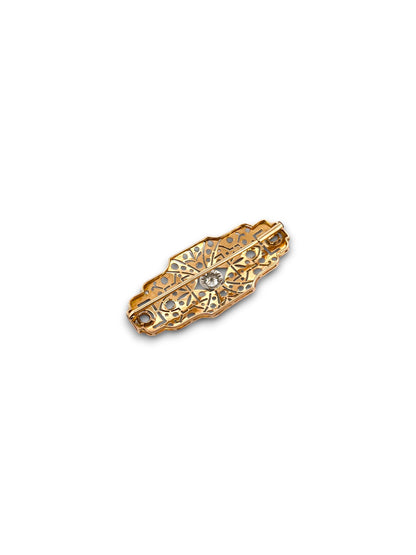 Comprar broche antiguo art decó realizado en oro amarillo de 18k y vistas de platino con diamantes. Este broche refleja un trabajo espectacular de la joyeria de aquella epoca. Ideal para elevar cualquier look y ser el centro de atención en cualquier ocasión. vintage 