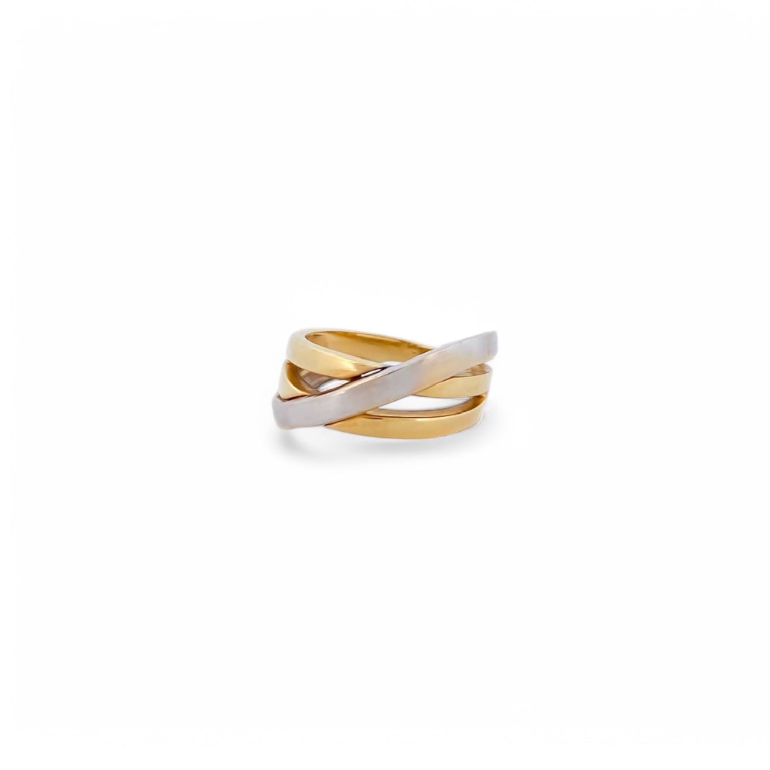 Comprar anillo liso cruzado realizado en oro amarillo y oro blanco de 18kt. Joyas de segunda mano. Joyas restauradas. Joyería Ian'Or. Envío gratis.