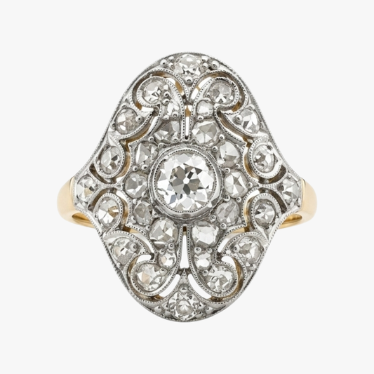 Comprar sortija lanzadera vintage realizada en oro amarillo y platino de 18kt, 30 diamantes talla antigua 1 diamante central.Joyas vintage. Joyería Ian'Or. Envío GRATIS.