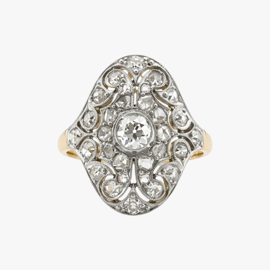 Comprar sortija lanzadera vintage realizada en oro amarillo y platino de 18kt, 30 diamantes talla antigua 1 diamante central.Joyas vintage. Joyería Ian'Or. Envío GRATIS.
