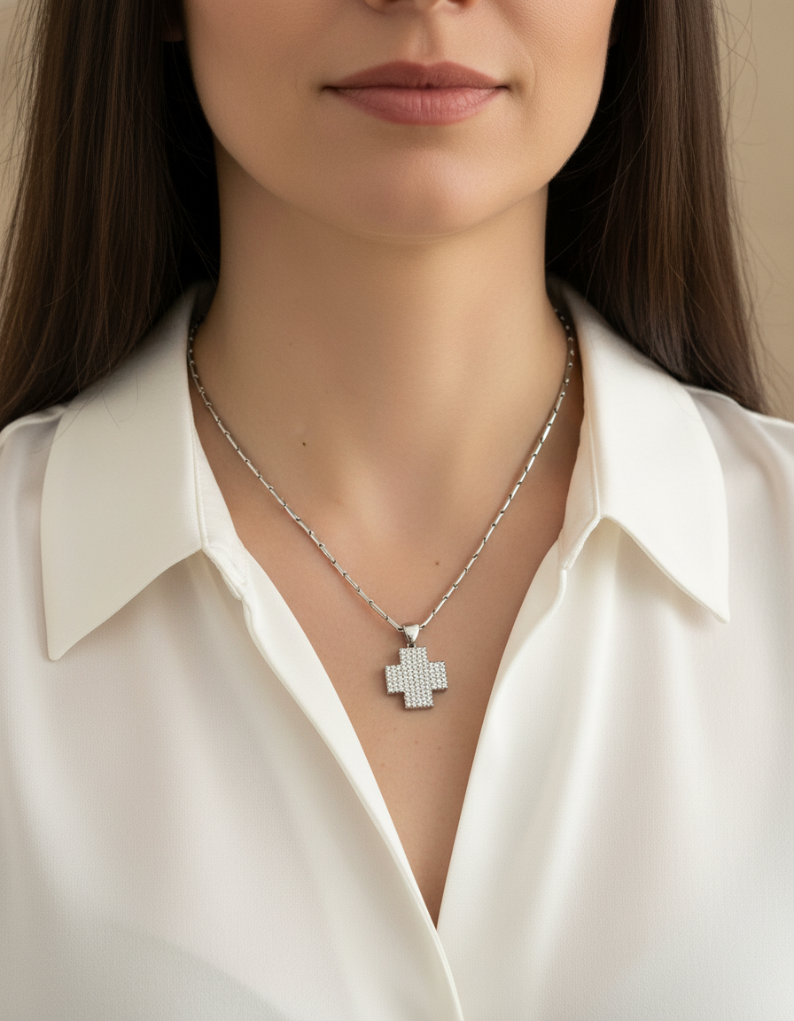 Cruz realizada en oro blanco y diamantes talla brillante. Cruces religiosas . Joyería Compro Oro Barcelona. Ian'Or.