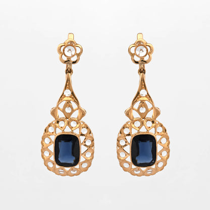 Comprar pendientes antiguos circa 1870 de oro amarillo de 18kt con dos zafiros bleu foncé y diamantes talla rosa. vintage antiguo isabelino. Envío gratuito