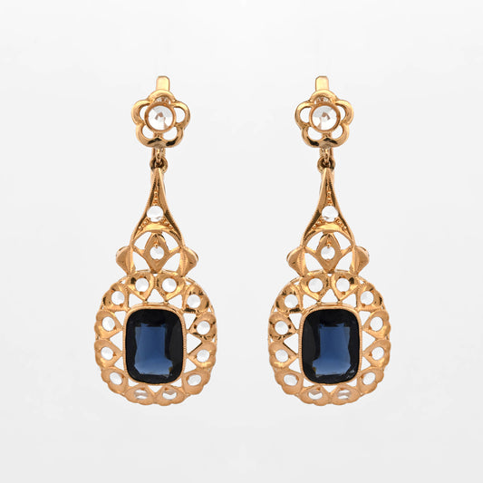 Comprar pendientes antiguos circa 1870 de oro amarillo de 18kt con dos zafiros bleu foncé y diamantes talla rosa. vintage antiguo isabelino. Envío gratuito