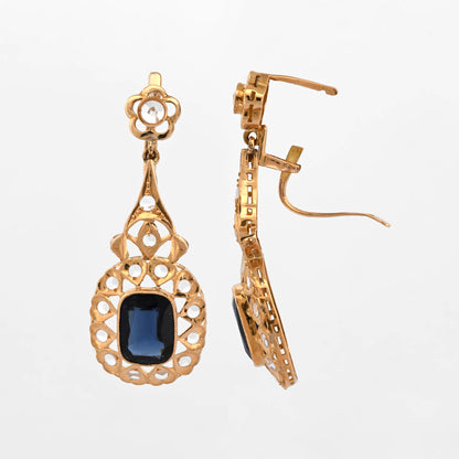 Comprar pendientes antiguos circa 1870 de oro amarillo de 18kt con dos zafiros bleu foncé y diamantes talla rosa. vintage antiguo isabelino. Envío gratuito