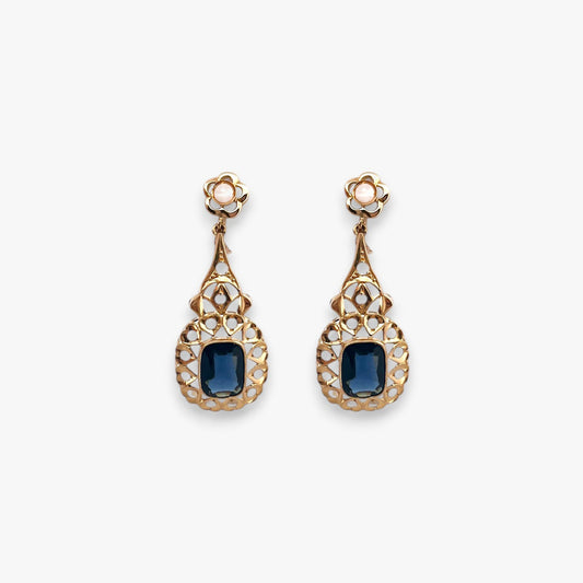 Comprar pendientes antiguos circa 1870 de oro amarillo de 18kt con dos zafiros bleu foncé y diamantes talla rosa. vintage antiguo isabelino