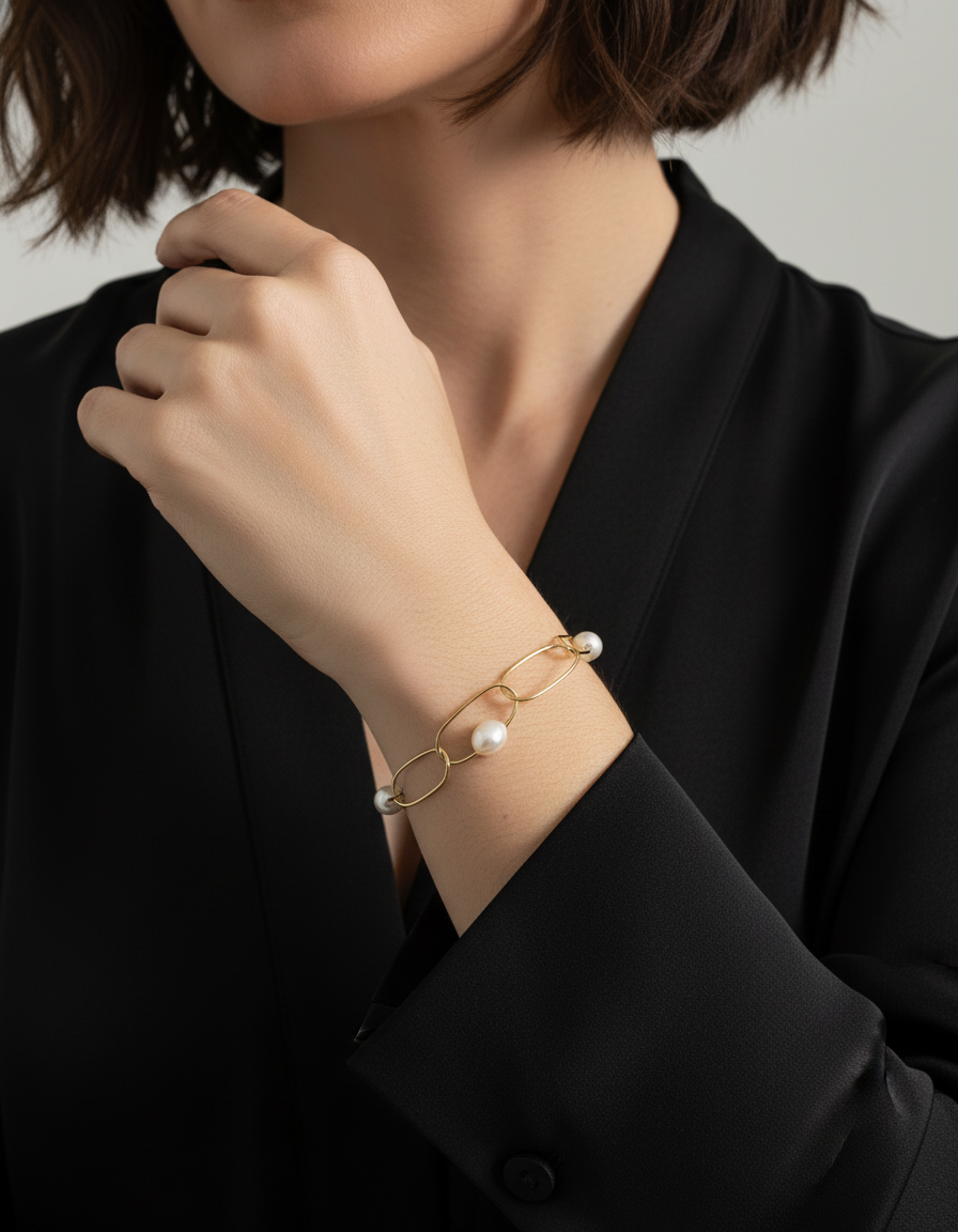 comprar pulsera de&nbsp;Oro amarillo de 18kt con seis perlas y cierre tipo mosquetón. La pulsera mide 22,5cm de largo.