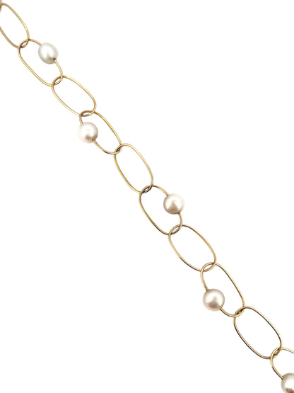 comprar pulsera de&nbsp;Oro amarillo de 18kt con seis perlas y cierre tipo mosquetón. La pulsera mide 22,5cm de largo.